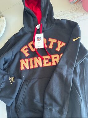 Nike Black Hoodie with Red and Gold 'Forty Niners' Chest Logo